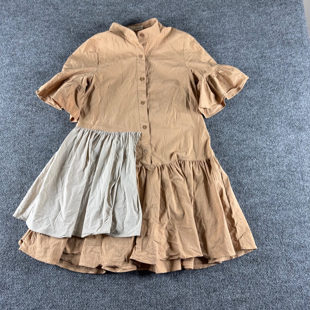 Fanco Tan Asymmetrical Ruffle Shirt Dress Short Sleeve Mock Neck Small
